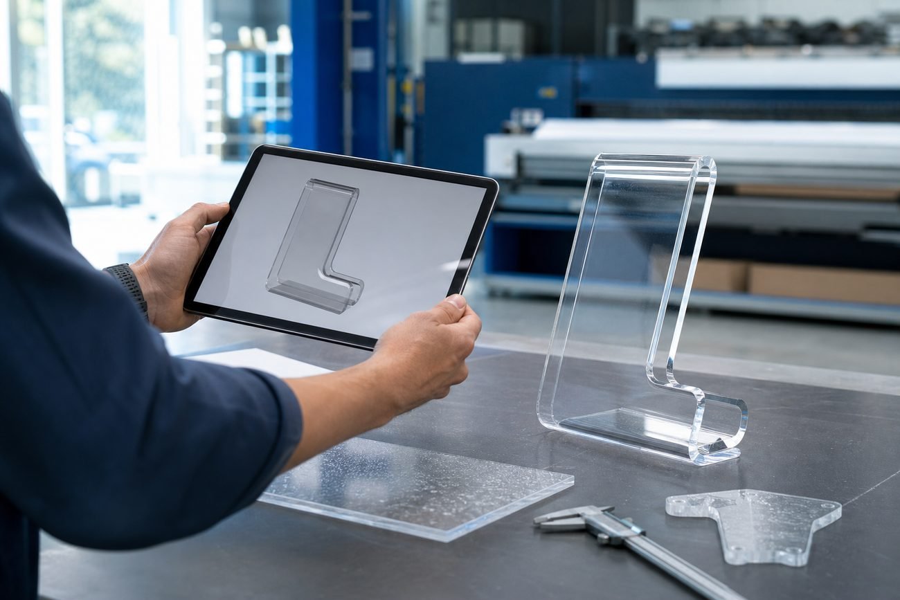 Tablette teknik çizimi incelenen parça ve tezgâhta bükülmüş şeffaf pleksi ürün