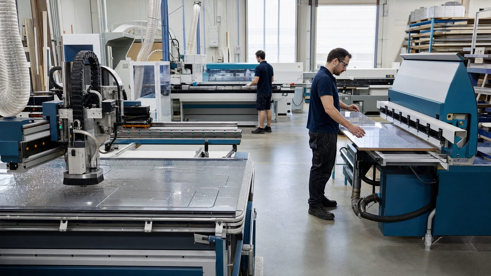 Yöntem Endüstriyel üretim salonunda CNC işleme tezgâhı ve büküm presi başında çalışan iki operatör